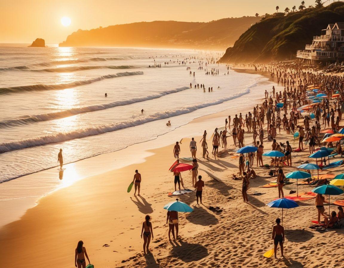A vibrant scene capturing a stylish beach setting, featuring a diverse group of people in fashionable beachwear, surfboards around them, sunbathing umbrellas, and the ocean waves crashing in the background. Incorporate elements of adventure such as beach volleyball and snorkeling gear. The atmosphere is lively and bright, with a sunset casting warm hues over the sand. super-realistic. vibrant colors. sunny beach backdrop.