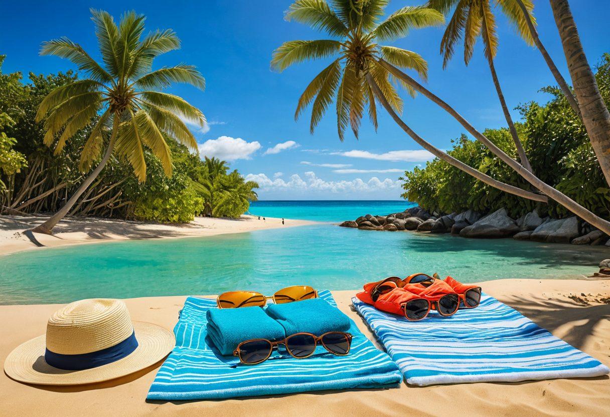 A vibrant tropical beach scene featuring essential accessories like colorful beach towels, stylish sun hats, and chic sunglasses laid out on a sandy beach. Include a backdrop of clear turquoise waters and palm trees swaying in the breeze. The image should evoke a sense of relaxation and adventure, highlighting the beach essentials one must have for a tropical getaway. super-realistic. vibrant colors. bright sunlight.